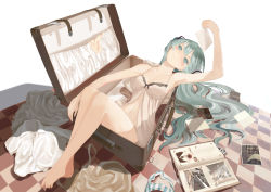 Rule 34 | 1girl, arm up, armpits, babydoll, barefoot, checkered floor, clothes, feet, floor, hatsune miku, highres, in container, long hair, navel, photo (object), solo, suitcase, throtem, very long hair, vocaloid