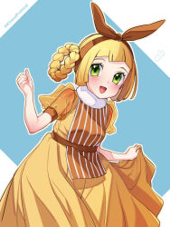 Rule 34 | 1girl, :d, alternate costume, alternate hairstyle, blonde hair, blush, bow hairband, braid, brown hairband, commentary request, creatures (company), dress, eyelashes, game freak, green eyes, hairband, hand up, happy, highres, kinocopro, lillie (pokemon), looking at viewer, nintendo, open mouth, pokemon, pokemon sm, short sleeves, smile, solo, twitter username, watermark, yellow dress