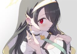Rule 34 | 1girl, black choker, black hair, blue archive, blush, breasts, choker, coif, cross, cross earrings, earrings, gotyou, habit, halo, hinata (blue archive), jewelry, large breasts, long hair, nun, open mouth, portrait, red eyes, simple background, solo, white background, yellow halo