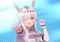 Rule 34 | 1girl, ;d, absurdres, ahoge, animal ears, blue eyes, breasts, center frills, clenched hand, commentary request, cropped jacket, frills, gloves, grey hair, hair between eyes, hand up, highres, horse ears, jacket, long hair, looking at viewer, medium breasts, oguri cap (umamusume), one eye closed, open clothes, open jacket, open mouth, outstretched arm, shirt, short sleeves, smile, solo, taka (takahirokun), umamusume, upper body, v-shaped eyebrows, white gloves, white jacket, white shirt