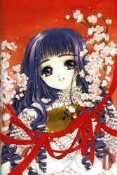 Rule 34 | 1990s (style), 1girl, book, cardcaptor sakura, cherry blossoms, clamp, daidouji tomoyo, drill hair, long hair, looking at viewer, purple hair, red background, retro artstyle, simple background, smile, solo