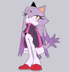 Rule 34 | 1girl, absurdres, animal ears, blaze the cat, cat ears, cat girl, cat tail, forehead jewel, furry, furry female, gloves, grey background, hair down, highres, jacket, long hair, purple fur, purple jacket, serious, simple background, sonic (series), stellarspin, tail, white gloves, yellow eyes