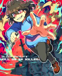 Rule 34 | androgynous, bad id, bad pixiv id, brown hair, chara (undertale), denim, dutch angle, english text, foreshortening, frisk (undertale), gender request, grin, jeans, kabosu, knife, motion blur, outstretched arm, pants, pixelated, polka dot, red eyes, reverse grip, shaded face, short hair, shorts, shyren, smile, smirk, sweater, undertale