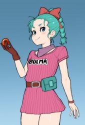 Rule 34 | 1girl, ball, belt, belt pouch, blue background, blue eyes, blush, braid, braided ponytail, breasts, brown gloves, bulma, dragon ball, dragon ball (object), dress, female focus, gloves, gradient background, green hair, hair ornament, hair ribbon, holding, holding ball, long hair, pouch, ribbon, scarf, short dress, short sleeves, single braid, single glove, small breasts, smile, solo, standing, wabaki
