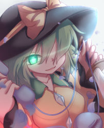 Rule 34 | 1girl, absurdres, black hat, collar, collarbone, commentary, dior-zi, frilled shirt collar, frills, glowing, glowing eye, green collar, green eyes, green hair, grey background, hair over one eye, hat, hat ribbon, highres, holding, holding knife, holding phone, knife, komeiji koishi, parted lips, petals, phone, reverse grip, ribbon, shirt, short hair, solo, third eye, touhou, upper body, yellow shirt