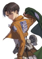 Rule 34 | 1boy, arm at side, athenawyrm, black hair, brown eyes, brown hair, cape, unworn cape, commentary request, cowboy shot, cropped jacket, emblem, from behind, highres, holding, holding cape, holding clothes, jacket, levi (shingeki no kyojin), long sleeves, looking at viewer, looking back, male focus, paradis military uniform, parted bangs, scarf, shingeki no kyojin, short hair, simple background, solo, survey corps (emblem), three-dimensional maneuver gear, white background