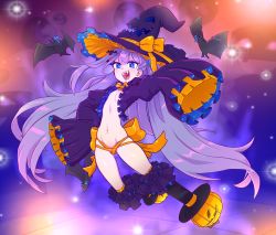 Rule 34 | 1girl, alternate costume, bat (animal), bat hair ornament, blue eyes, commentary, english commentary, fangs, fate/extra, fate/extra ccc, fate/grand order, fate (series), flat chest, frilled sleeves, frills, full body, hair ornament, halloween, halloween costume, hat, hat ribbon, heart, heart in eye, highres, jack-o&#039;-lantern, long hair, looking at viewer, meltryllis (fate), navel, open mouth, orange panties, panties, pumpkin, purple hair, revealing clothes, ribbon, ribbon panties, sharp teeth, sleeves past fingers, sleeves past wrists, slit pupils, solo, stomach, symbol in eye, teeth, tenk, underwear, very long hair, very long sleeves, witch hat