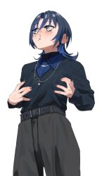 Rule 34 | 1girl, androgynous, belt, black belt, black nails, black pants, black shirt, black sweater, blue eyes, blue hair, blue shirt, blue sweater, blush, chain, chain necklace, collared shirt, colored inner hair, cowboy shot, flat chest, grey pants, hair between eyes, hands on own chest, highres, hiodoshi ao, hololive, hololive dev is, jewelry, long hair, long sleeves, looking ahead, looking up, medium hair, multicolored hair, nail polish, necklace, open mouth, pants, parted lips, reverse trap, shirt, shirt tucked in, simple background, solo, sweater, uzuradobin, virtual youtuber, white background