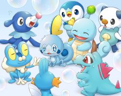 Rule 34 | bubble, closed eyes, closed mouth, commentary request, creatures (company), froakie, game freak, gen 1 pokemon, gen 2 pokemon, gen 3 pokemon, gen 4 pokemon, gen 5 pokemon, gen 6 pokemon, gen 7 pokemon, gen 8 pokemon, kemonomichi (blue black), mudkip, nintendo, no humans, open mouth, oshawott, piplup, pokemon, pokemon (creature), popplio, smile, sobble, squirtle, tongue, totodile, wavy mouth