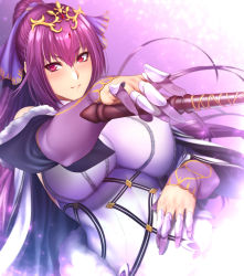 Rule 34 | 1girl, breasts, dress, fate/grand order, fate (series), fur-trimmed dress, fur trim, hair between eyes, headpiece, holding, holding wand, large breasts, looking at viewer, purple dress, purple hair, purple ribbon, red eyes, ribbon, scathach (fate), scathach skadi (fate), scathach skadi (third ascension) (fate), smile, solo, tiara, wand, zucchini