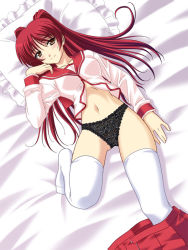 Rule 34 | 00s, 1girl, bed, black panties, blouse, blush, brown eyes, clothes pull, frilled pillow, frills, kousaka tamaki, lying, masakichi (crossroad), navel, on back, panties, pillow, red hair, school uniform, serafuku, shirt, skirt, skirt pull, solo, thighhighs, to heart (series), to heart 2, twintails, underwear, undressing, white thighhighs