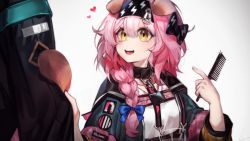 Rule 34 | 1girl, 1other, animal ears, arknights, black hairband, bow, braid, cat ears, cat girl, coat, comb, doctor (arknights), floppy ears, goldenglow (arknights), hair bow, hairband, heart, highres, holding, holding comb, id card, jacket, lightning bolt print, multicolored clothes, multicolored coat, multicolored jacket, pink hair, pink jacket, pointing, pointing at self, print hairband, ribiadan, side braid, two-tone coat, two-tone jacket, white background, yellow eyes