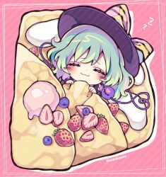 Rule 34 | 1girl, apron, black hat, bow, closed eyes, commentary request, crepe, food, fruit, green hair, hat, hat bow, heart, heart of string, komeiji koishi, kyouda suzuka, lying, medium hair, mini person, minigirl, on back, pink background, sleeping, smile, solo, strawberry, striped, striped background, third eye, touhou, twitter username, yellow bow, zzz