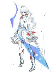 Rule 34 | 1girl, absurdres, blue eyes, boots, dress, female focus, full body, hair ornament, highres, holding, holding sword, holding weapon, long hair, long sleeves, looking at viewer, partially colored, ponytail, rwby, scar, scar across eye, scar on face, solo, standing, sword, weapon, weiss schnee, white background, white dress, white footwear, white hair, wide sleeves, yutapon