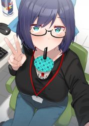 Rule 34 | 1girl, a-chan (hololive), absurdres, alternate breast size, between breasts, black-framed eyewear, black shirt, blouse, blue bow, blue eyes, blue hair, blue pants, blush, bow, breasts, bubble tea, bubble tea challenge, chair, cup, disposable cup, drink, drinking straw, drinking straw in mouth, glasses, hair bow, highres, hololive, large breasts, looking at viewer, mouse (computer), object on breast, office chair, pants, selfie, semi-rimless eyewear, shirt, short hair, solo, swept bangs, swivel chair, tonarikeru, under-rim eyewear, v, virtual youtuber
