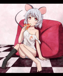 Rule 34 | 1girl, animal ears, barefoot, black socks, blush, checkered floor, dirty, dirty clothes, eating, female focus, food, grey hair, indoors, knees together feet apart, letterboxed, looking at viewer, messy, mouse ears, mouse tail, nazrin, no pants, nogisaka kushio, off shoulder, panties, pillow, pizza, red eyes, sexually suggestive, shirt, short hair, single sock, sitting, socks, solo, strap slip, striped clothes, striped panties, tail, tank top, tile floor, tiles, touhou, underwear