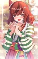 Rule 34 | 1girl, absurdres, alternate costume, animal ears, blurry, blurry background, blush, brown eyes, collarbone, commentary request, ear covers, fidgeting, hair ornament, heavy breathing, highres, horse ears, horse girl, japanese clothes, kimono, long hair, looking at viewer, medium hair, namo pic, nice nature (converging wishes) (umamusume), nice nature (umamusume), official alternate costume, open mouth, red hair, solo, sparkle, umamusume