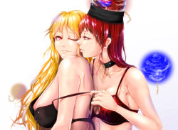 Rule 34 | 2girls, black bra, black choker, blonde hair, bra, bra pull, breasts, chain, choker, clothes pull, commentary request, earth (planet), eye contact, hecatia lapislazuli, junko (touhou), kazesayuru, large breasts, long hair, looking at another, medium breasts, moon, multiple girls, one eye closed, orb, planet, red bra, red eyes, red hair, sideboob, touhou, underwear, undressing another, very long hair, yuri