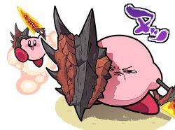 akaten_gg black_eyes blocking blush blush_stickers closed_mouth crossover happy highres holding holding_shield holding_sword holding_weapon kirby kirby_(series) meme monster_hunter_(series) monster_hunter_wilds nintendo no_humans open_mouth red_footwear shadow shield smile standing sword weapon