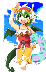 Rule 34 | 1girl, arm up, armpits, blue sky, casual one-piece swimsuit, character name, cloud, compile, dated, diving mask, diving mask on head, draco centauros, dragon girl, dragon horns, dragon tail, fang, goggles, goggles on head, green eyes, green hair, hand on own hip, horns, innertube, looking at viewer, madou monogatari, official alternate costume, one-piece swimsuit, pointy ears, puyopuyo, puyopuyo quest, salute, scuba gear, sega, sky, smile, solo, swim ring, swimsuit, tail, tara24apgm, translation request, twitter username, wings, wristband