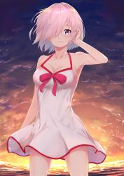Rule 34 | 1girl, arm up, backlighting, bare arms, bare shoulders, blurry, blush, bokeh, bow, breasts, casual one-piece swimsuit, cleavage, closed mouth, cloud, collarbone, commentary request, cowboy shot, depth of field, fate/grand order, fate (series), floating hair, gradient sky, hair over one eye, halterneck, hand in own hair, highres, horizon, large breasts, legs apart, looking at viewer, mash kyrielight, mash kyrielight (swimsuit of perpetual summer), ocean, official alternate costume, one-piece swimsuit, orange sky, pink bow, pink hair, pink ribbon, purple eyes, purple sky, reuri (tjux4555), ribbon, short hair, sky, smile, solo, standing, sunset, swimsuit, white one-piece swimsuit, wind