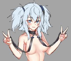 Rule 34 | 1girl, :d, bad id, bad pixiv id, blue eyes, blush, breasts, covering nipples, covering privates, double v, girls&#039; frontline, grey background, hair between eyes, hands up, heart, heart-shaped pupils, kuro (tmdbin), looking at viewer, medium hair, naughty face, open mouth, pa-15 (girls&#039; frontline), silver hair, simple background, small breasts, smile, solo, symbol-shaped pupils, topless, twintails, upper body, v