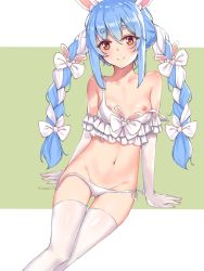 Rule 34 | 1girl, alternate costume, animal ear fluff, animal ears, blue hair, blush, bow, braid, breasts, brown eyes, closed mouth, collarbone, elbow gloves, frills, gloves, gluteal fold, groin, hair between eyes, hair bow, head tilt, hololive, looking at viewer, multicolored background, multicolored hair, navel, nipples, panties, rabbit ears, side-tie panties, sitting, small breasts, smile, solo, strap slip, thick eyebrows, thighhighs, twin braids, twintails, two-tone hair, underwear, untied panties, usada pekora, virtual youtuber, white bow, white gloves, white hair, white panties, white thighhighs, xiao lin jiu