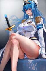 Rule 34 | 1girl, armband, ass, badge, blue armband, blue eyes, blue hair, braid, breasts, commentary, crossed legs, epaulettes, feet out of frame, gloves, goddess of victory: nikke, hat, helm (nikke), highres, holding, holding sword, holding weapon, knees, kyel hyde, large breasts, lips, long hair, long sleeves, looking at viewer, military, military hat, military uniform, naval uniform, peaked cap, shorts, sitting, solo, sword, uniform, weapon, white gloves, white shorts