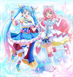 Rule 34 | 2girls, ahoge, alternate breast size, ascot, blue cape, blue eyes, blue hair, blue sky, bow, braided sidelock, breasts, brooch, cape, cloud, cloudy sky, cure prism, cure sky, cut bangs, detached sleeves, dress, earrings, elbow gloves, fingerless gloves, glove bow, gloves, green eyes, hair bow, hanzou, heart, heart ahoge, highres, hirogaru sky! precure, jewelry, long hair, magical girl, medium breasts, multiple girls, nijigaoka mashiro, open mouth, pink hair, precure, puffy detached sleeves, puffy sleeves, single sidelock, sky, smile, sora harewataru, sparkle background, twintails, two-sided cape, two-sided fabric, very long hair, white ascot, white bow, white dress, white gloves, wing brooch, wing hair ornament