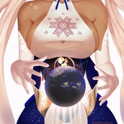 Rule 34 | 1girl, absurdres, bare shoulders, blonde hair, breasts, dark-skinned female, dark skin, dress, earth (planet), elbow gloves, giant, giantess, gloves, head out of frame, highres, hololive, hololive english, large breasts, long hair, planet, sideboob, simple background, solo, spicyyrum, star (symbol), star print, tsukumo sana, tsukumo sana (1st costume), twintails, twitter username, very long hair, virtual youtuber, white background, white gloves