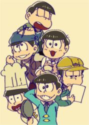 Rule 34 | 10s, 6+boys, apron, arm behind head, bandana, barber, barista, black hair, brothers, brown eyes, chef, chef hat, closed eyes, coffee, coffee mug, construction worker, cup, employee uniform, frying pan, hat, heart, heart in mouth, helmet, male focus, matsuno choromatsu, matsuno ichimatsu, matsuno jyushimatsu, matsuno karamatsu, matsuno osomatsu, matsuno todomatsu, mug, multiple boys, osomatsu-kun, osomatsu-san, osomatsu (series), scissors, sextuplets, siblings, simple background, smile, tan background, toque blanche, uniform, wall-eyed