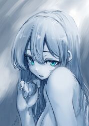 Rule 34 | 1girl, absurdres, aqua eyes, blue theme, breasts, cleavage, dated, hair between eyes, hand in own hair, highres, long hair, looking at viewer, medium breasts, monochrome, nude, original, parted lips, simple background, solo, twitter username, umibudou, upper body