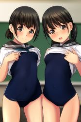 Rule 34 | 2girls, :d, absurdres, black hair, black sailor collar, blue neckwear, blue one-piece swimsuit, blurry, blurry background, blush, breasts, brown eyes, closed mouth, clothes lift, covered navel, depth of field, head tilt, highres, indoors, lifting own clothes, looking at viewer, matsunaga kouyou, multiple girls, new school swimsuit, nose blush, old school swimsuit, one-piece swimsuit, open mouth, original, sailor collar, school swimsuit, school uniform, serafuku, shirt, shirt lift, short sleeves, small breasts, smile, standing, swimsuit, swimsuit under clothes, teeth, twintails, upper teeth only, white shirt