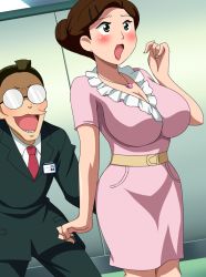 Rule 34 | 1girl, :o, akikawa yuuko, belt, blush, breasts, brown hair, cleavage, cowboy shot, curvy, dress, earrings, formal, frills, glasses, green eyes, hair bun, hair ornament, hairclip, hand up, indoors, jewelry, large breasts, legs, makino tomoyasu, mature female, necklace, net ghost pipopa, open mouth, pink dress, single hair bun, skirt, standing, suit, thighs, ugly man