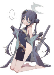 Rule 34 | ..., 1girl, barefoot, black dress, black gloves, blue archive, blue eyes, breasts, china dress, chinese clothes, commentary request, double bun, dragon print, dress, full body, gloves, grey halo, gun, hair bun, hakasesuitchi, halo, kisaki (blue archive), kneeling, long hair, looking at viewer, pelvic curtain, small breasts, solo, spoken ellipsis, twintails, weapon, white background