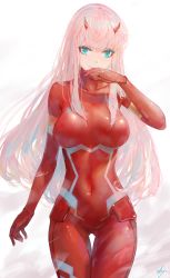 Rule 34 | 10s, 1girl, arm at side, blue eyes, blush, bodysuit, breasts, closed mouth, commentary request, covered navel, darling in the franxx, gluteal fold, hand to own mouth, highres, horns, kisei2, large breasts, legs together, long hair, looking at viewer, pilot suit, pink hair, red bodysuit, shiny clothes, skin tight, smile, solo, standing, thigh gap, zero two (darling in the franxx)