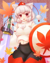 Rule 34 | 1girl, :d, animal ears, blush, breasts, em s, fang, female focus, hat, inubashiri momiji, navel, open mouth, red eyes, shield, short hair, silver hair, smile, solo, sword, tail, tokin hat, touhou, weapon, wolf ears, wolf tail