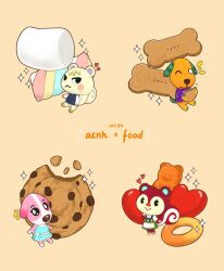 Rule 34 | 2boys, 2girls, :&gt;, :3, :o, absurdres, animal crossing, apron, belt, biskit (animal crossing), blue dress, blue vest, blush, blush stickers, brown background, buttons, candy, chocolate chip cookie, closed mouth, collared shirt, commentary request, cookie, cookie (animal crossing), dog biscuit, dog boy, dog girl, dress, eating, floral print, food, furry, furry female, furry male, green dress, gummy bear, heart, highres, holding, holding food, long sleeves, looking at viewer, marshal (animal crossing), marshmallow, multiple boys, multiple girls, nintendo, notice lines, one eye closed, open mouth, pawpads, pet food, pinafore dress, poppy (animal crossing), purple shirt, sharkbooi, shirt, short sleeves, simple background, sleeveless, sleeveless dress, smile, sparkle, squirrel boy, squirrel girl, v-shaped eyebrows, vest, waist apron, white apron, white belt, white shirt
