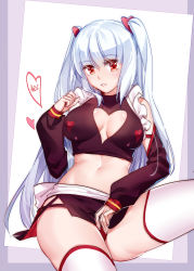 Rule 34 | 1girl, absurdres, aer (tengqiu), apron, black shirt, blouse, breasts, cleavage, cleavage cutout, clothing cutout, essex (warship girls r), heart, highres, large breasts, long hair, maid apron, miniskirt, panties, red eyes, red panties, shirt, silver hair, sitting, skirt, solo, thighhighs, thighs, two side up, underwear, warship girls r, white thighhighs