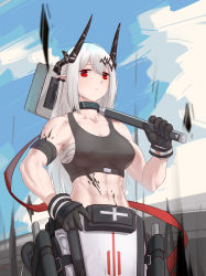 Rule 34 | 1girl, absurdres, arknights, armband, bandages, bare shoulders, black choker, black gloves, blue sky, breasts, chest sarashi, choker, cleavage, cloud, collarbone, commentary request, cowboy shot, crop top, cursna, day, gloves, hammer, hand on own hip, highres, holding, holding hammer, holding weapon, horns, infection monitor (arknights), large breasts, long hair, looking at viewer, material growth, midriff, mudrock (arknights), navel, oripathy lesion (arknights), outdoors, over shoulder, partial commentary, pointy ears, red eyes, sarashi, silver hair, sky, solo, sports bra, standing, stomach, weapon, weapon over shoulder