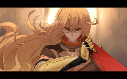 Rule 34 | 1boy, 1girl, adam taurus, angry, arm up, blonde hair, breasts, broken, broken sword, broken weapon, cleavage, closed mouth, crack, crushing, determined, dishwasher1910, ember celica (rwby), facing viewer, fight, fighting, floating hair, hair between eyes, hand up, holding, holding sword, holding weapon, jacket, katana, large breasts, letterboxed, long hair, looking at viewer, out of frame, prosthesis, prosthetic arm, red eyes, rwby, strapless, sunset, sword, tube top, upper body, wavy hair, weapon, yang xiao long