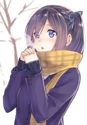 Rule 34 | 1girl, black hair, blue eyes, blue jacket, blue ribbon, blush, breath, brown scarf, eyebrows, eyes visible through hair, from side, hair over one eye, hair ribbon, highres, jacket, kyoo-kyon (kyo-kyon), long sleeves, looking to the side, open mouth, original, outdoors, own hands together, plaid, plaid scarf, ribbon, scarf, side ponytail, solo, suzunari shizuku, teeth, upper body, yuki arare