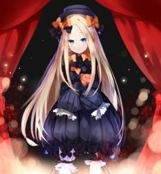 Rule 34 | 1girl, abigail williams (fate), black bow, black dress, black hat, blonde hair, bloomers, blue eyes, bow, closed mouth, commentary request, dress, fate/grand order, fate (series), hair bow, hat, highres, holding, holding stuffed toy, hugging object, light particles, long hair, looking at viewer, orange bow, parted bangs, pekerika, polka dot, polka dot bow, purple bow, sleeves past fingers, sleeves past wrists, solo, stage curtains, stuffed animal, stuffed toy, teddy bear, underwear, very long hair, white bloomers