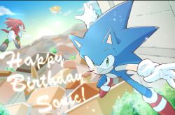 Rule 34 | 3boys, animal nose, building, closed mouth, commentary, english commentary, floating, flying, furry, furry male, gloves, green eyes, happy birthday, highres, knuckles the echidna, looking at viewer, male focus, multiple boys, posojo123, purple eyes, red footwear, shoes, sneakers, sonic (series), sonic the hedgehog, tails (sonic), white gloves