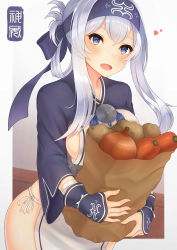 Rule 34 | 1girl, absurdres, ainu clothes, bag, bandana, blue eyes, blue hair, blue headband, breasts, carrot, character name, cropped jacket, folded ponytail, fundoshi, headband, highres, japanese clothes, kaleid, kamoi (kancolle), kantai collection, onion, open mouth, paper bag, pelvic curtain, potato, sideboob, sidelocks, solo, thick eyebrows, white hair, wrist guards