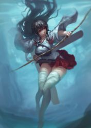 Rule 34 | 10s, 1girl, akagi (kancolle), arm at side, armor, bow (weapon), breastplate, brown eyes, brown hair, closed mouth, collarbone, creep (gundamdg), expressionless, flight deck, floating hair, full body, hair between eyes, hakama, hakama short skirt, hakama skirt, hand up, holding, holding bow (weapon), holding weapon, japanese clothes, kantai collection, kimono, legs together, lips, long hair, long sleeves, muneate, nose, pink lips, pleated skirt, red ribbon, red skirt, ribbon, rope, serious, skirt, solo, thighhighs, tsurime, underwater, very long hair, water, weapon, white thighhighs, zettai ryouiki