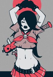 Rule 34 | 1girl, akairiot, arms up, baseball bat, belt, black gloves, black hair, brown shirt, closed eyes, colored skin, crop top, fuyuko (akairiot), gloves, grey background, grey skin, knife, limited palette, long hair, midriff, nail, nail bat, navel, neckerchief, open mouth, original, pleated skirt, red neckerchief, red skirt, scar, shirt, short sleeves, simple background, skirt, solo, tears, upper body, weapon, weapon on back