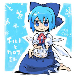 Rule 34 | 1girl, bad id, bad pixiv id, blue eyes, blue hair, bow, bowtie, cirno, dress, hair bow, ice, ice wings, kuma jet, lowres, matching hair/eyes, sitting, smile, snowflakes, solo, touhou, translation request, wings
