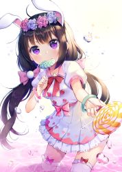 Rule 34 | 1girl, absurdres, animal ears, black hair, blush, bow, bracelet, bubble, candy, eating, flower wreath, food, hair bow, head wreath, heart, highres, holding candy, holding lollipop, jewelry, lollipop, long hair, looking at viewer, original, pink bow, purple eyes, rabbit ears, red ribbon, ribbon, shoonear, smile, solo, twintails