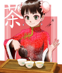 Rule 34 | 1girl, blush, brown hair, bun cover, china dress, chinese clothes, chutohampa, cup, double bun, dress, floral print, green eyes, hair bun, hand up, highres, original, pouring, print dress, red background, red dress, shadow, signature, smile, solo, teacup, teapot